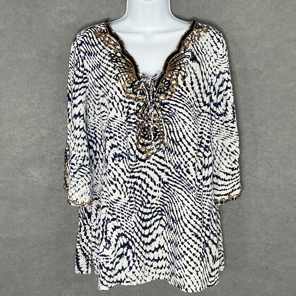 Soft Surroundings Beaded Tunic Top‎ Blue White Print 3/4 Sleeve Sz M